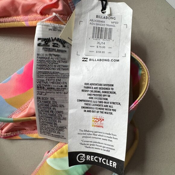Billabong A/DIV Banded‎ Triangle Bikini Top Rainbow Tide XL / 14 - Picture 5 of 6